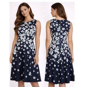 Gabby Skye Floral Fit Flare Dress Women 8 Navy Blue White Garden Party Romantic
